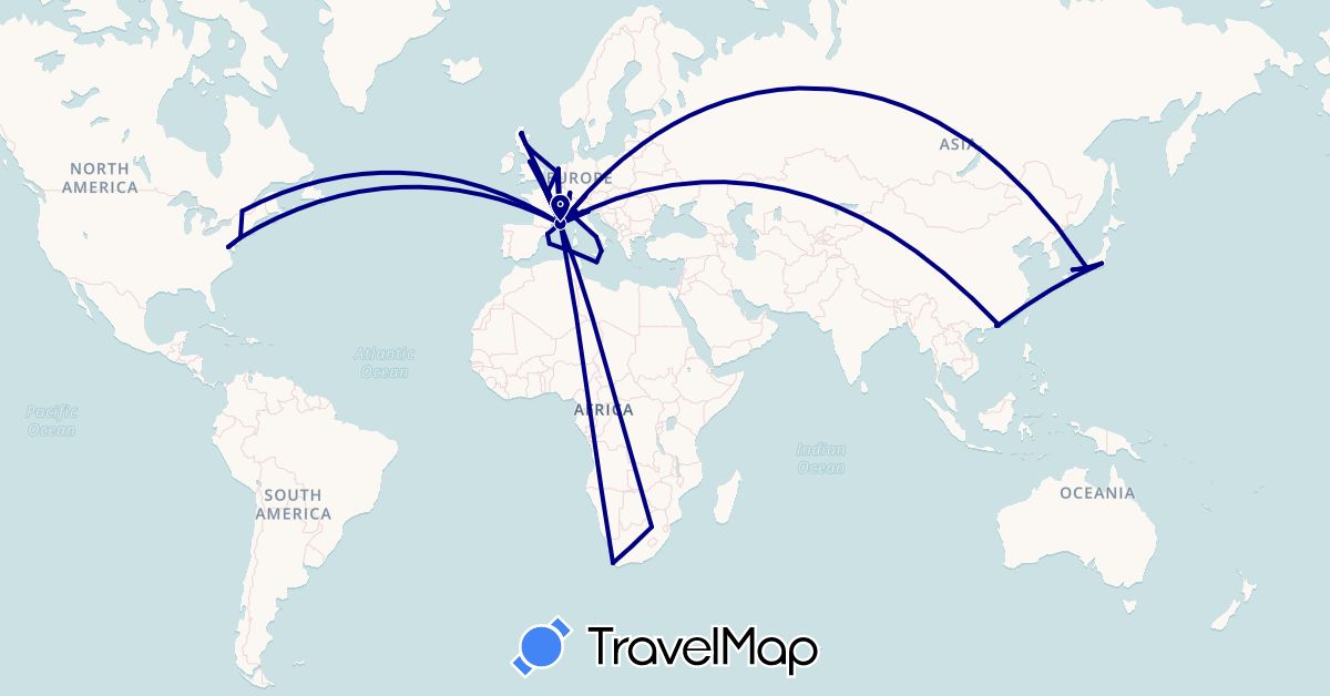TravelMap itinerary: driving in Canada, Switzerland, Germany, Spain, France, United Kingdom, Hong Kong, Italy, Japan, Macau, Malta, Netherlands, United States, South Africa (Africa, Asia, Europe, North America)